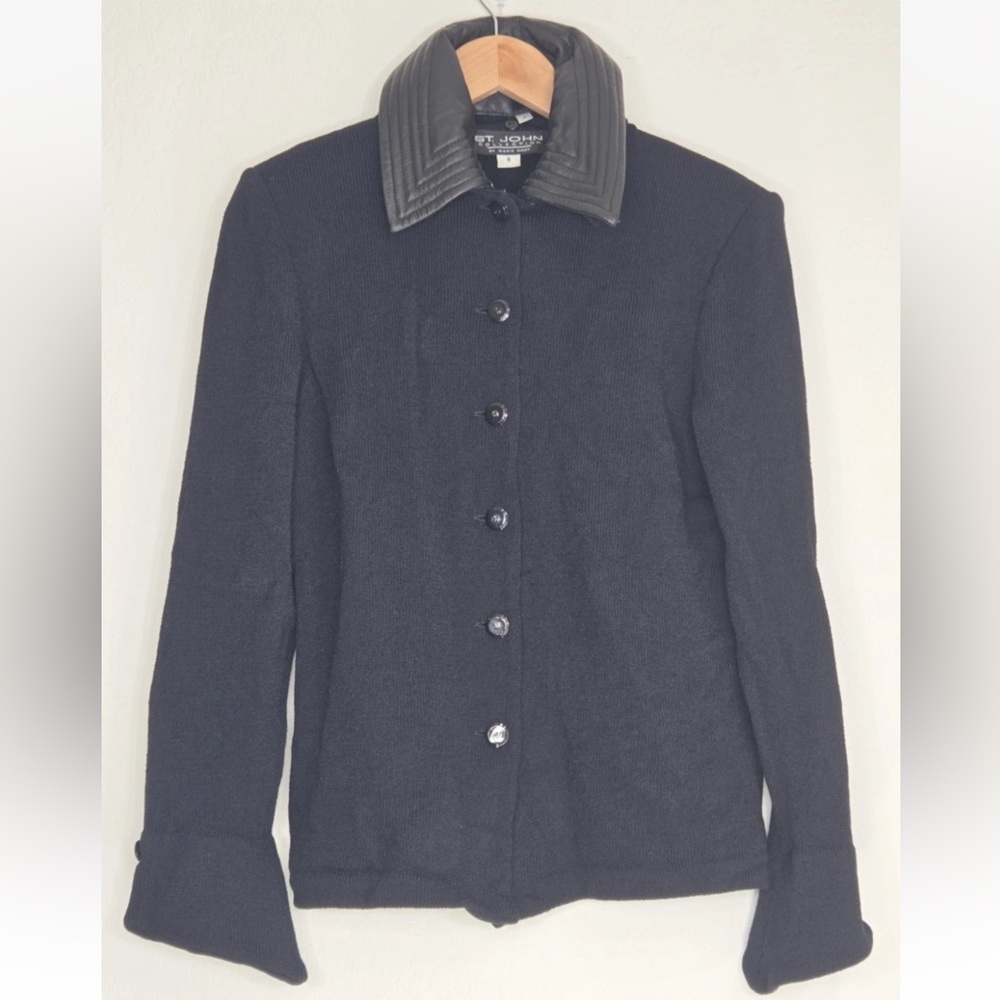 St. John Collection Black Santana Knit Jacket Leather Collar Size 8
